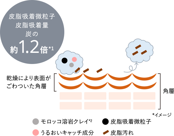 皮脂吸着微粒子 皮脂吸着量炭の約1.2倍*1