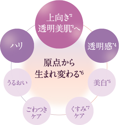 ハリ／上向き*2透明美肌*3へ／透明感*4／美白*5／くすみケア*7／ごわつきケア／うるおい／原点から生まれ変わる*6