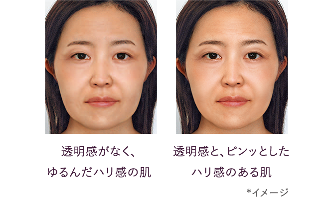 透明感がなく、ゆるんだハリ感の肌／透明感と、ピンッとしたハリ感のある肌 *イメージ
