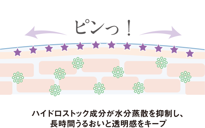 ハイドロストック成分が水分蒸散を抑制し、長時間うるおいと透明感をキープ