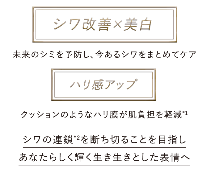 シワ改善×美白 未来のシミを予防し、今あるシワをまとめてケア ハリ感アップ クッションのようなハリ膜が肌負担を軽減*1 シワの連鎖*2を断ち切ることを目指しあなたらしく輝く生き生きとした表情へ
