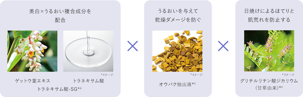 美白×うるおい複合成分を配合 ゲットウ葉エキス トラネキサム酸 トラネキサム酸-SG*4 *イメージ ×うるおいを与えて乾燥ダメージを防ぐ オウバク抽出液*5 *イメージ×日焼けによるほてりと肌荒れを防止する グリチルリチン酸ジカリウム（甘草由来）*6 *イメージ