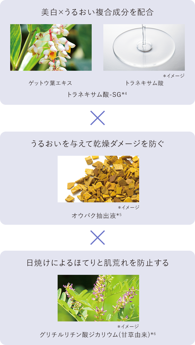 美白×うるおい複合成分を配合 ゲットウ葉エキス トラネキサム酸 トラネキサム酸-SG*4 *イメージ×うるおいを与えて乾燥ダメージを防ぐ オウバク抽出液*5 *イメージ×日焼けによるほてりと肌荒れを防止する グリチルリチン酸ジカリウム（甘草由来）*6 *イメージ