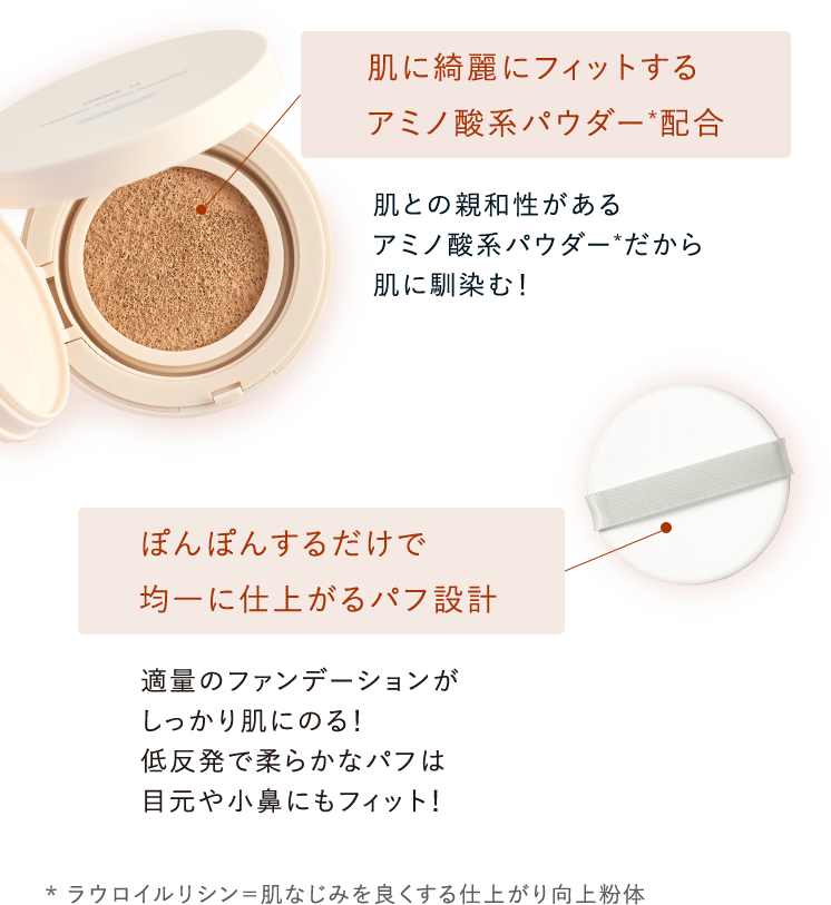肌に綺麗にフィットするアミノ酸系パウダー*配合 肌との親和性があるアミノ酸系パウダー*だから肌に馴染む！／ぽんぽんするだけで均一に仕上がるパフ設計 適量のファンデーションがしっかり肌にのる！低反発で柔らかなパフは目元や小鼻にもフィット！ ** ラウロイルリシン＝肌なじみを良くする仕上がり向上粉体
